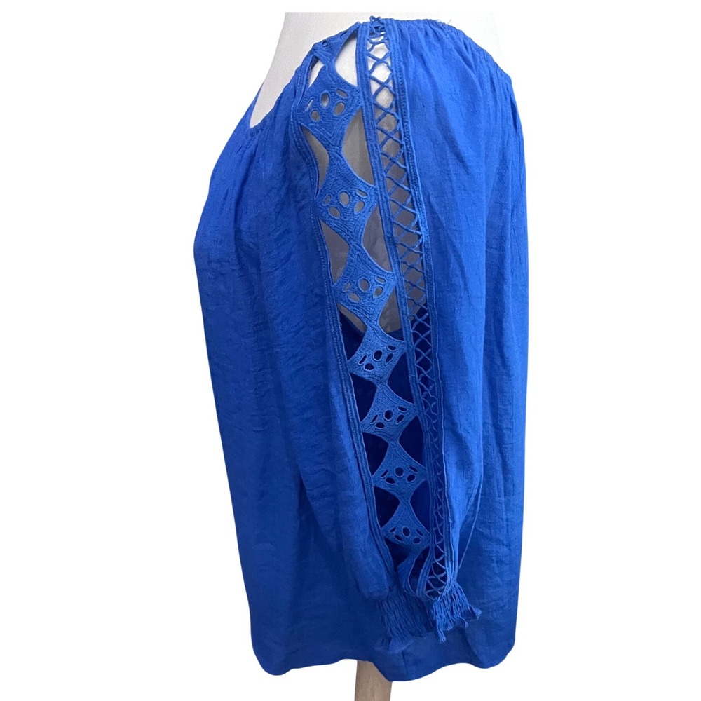 Unique Spectrum Royal‎ Blue Scoop Neck Crochet Lace Sleeve Blouse Top Medium NEW